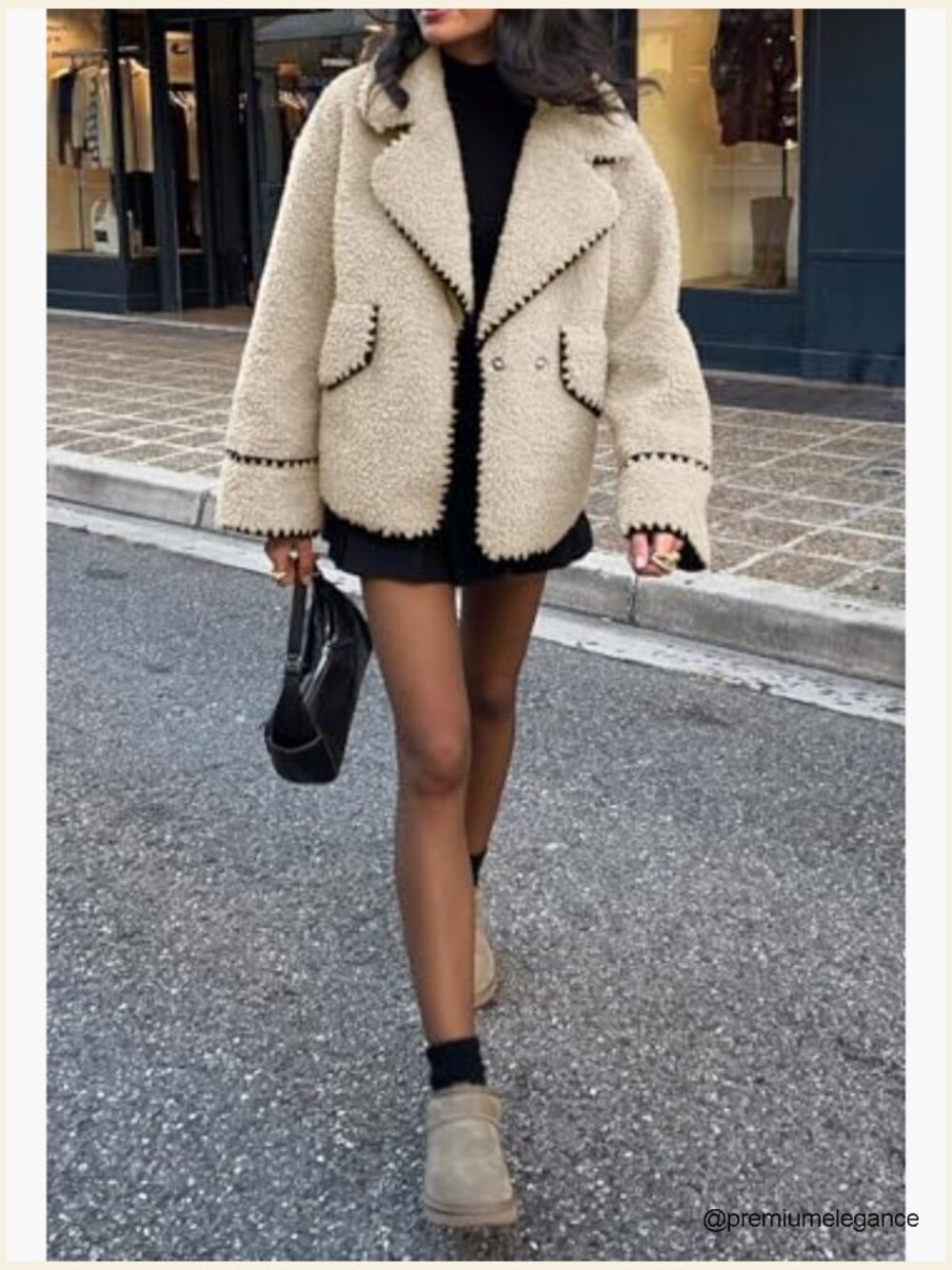 Fuzzy Fleece Embroidered Jacket Notch Lapel Winter Faux Fur Sherpa Coat - Picture 2 of 5